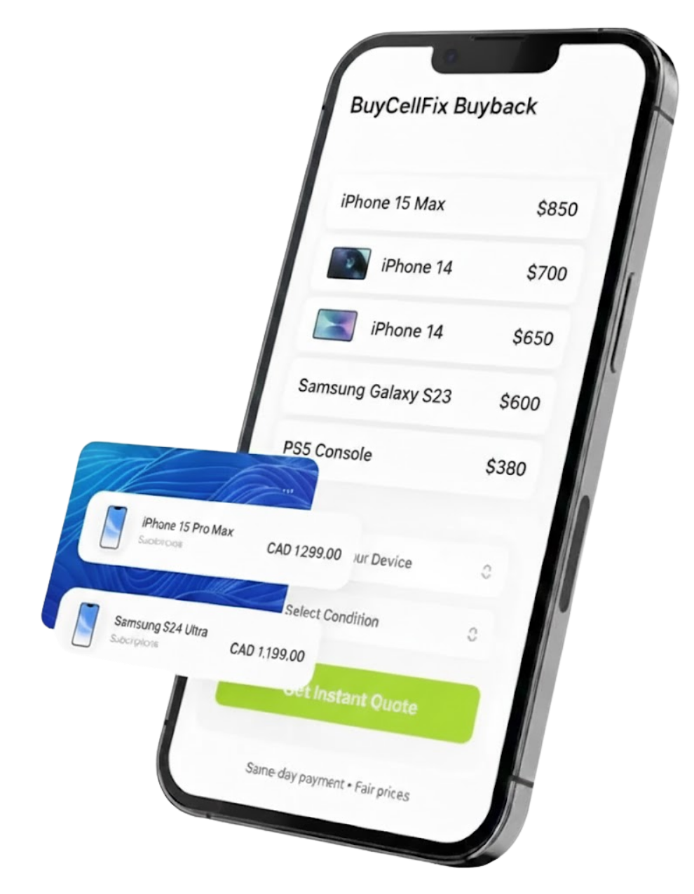 Sell broken phone for instant cash at BuyCellFix Laval Montreal — iPhone Samsung iPad laptop