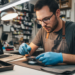 Technician repairing cracked phone at workbench
